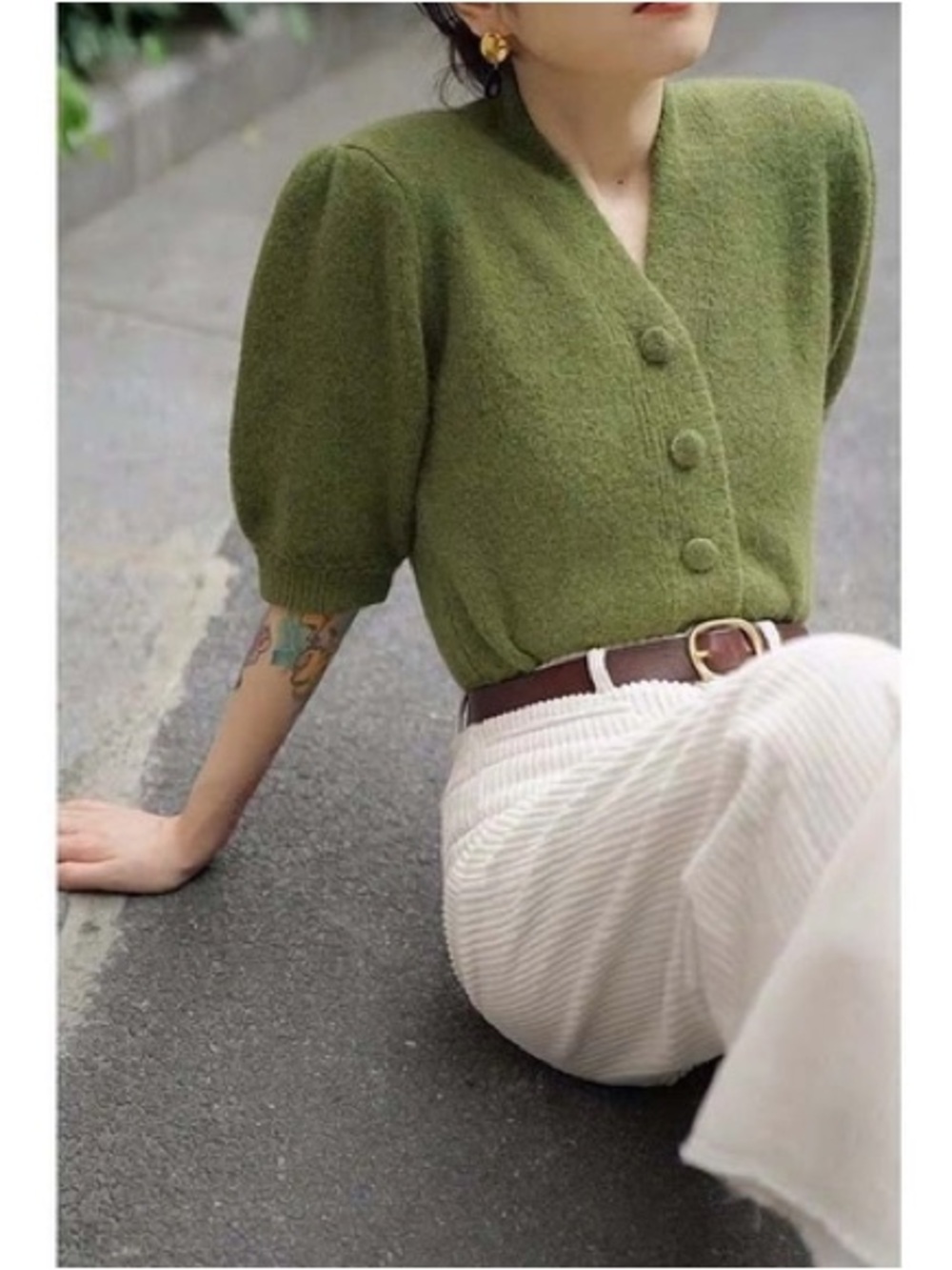 Cider Olive Green Button-Front Puff Sleeve Cardigan